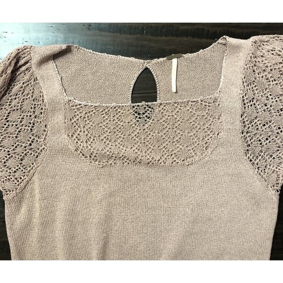 Free People Crochet Sleeve Sweater S Small Pink Mauve Open Knit Fitted Preppy - Picture 3 of 10